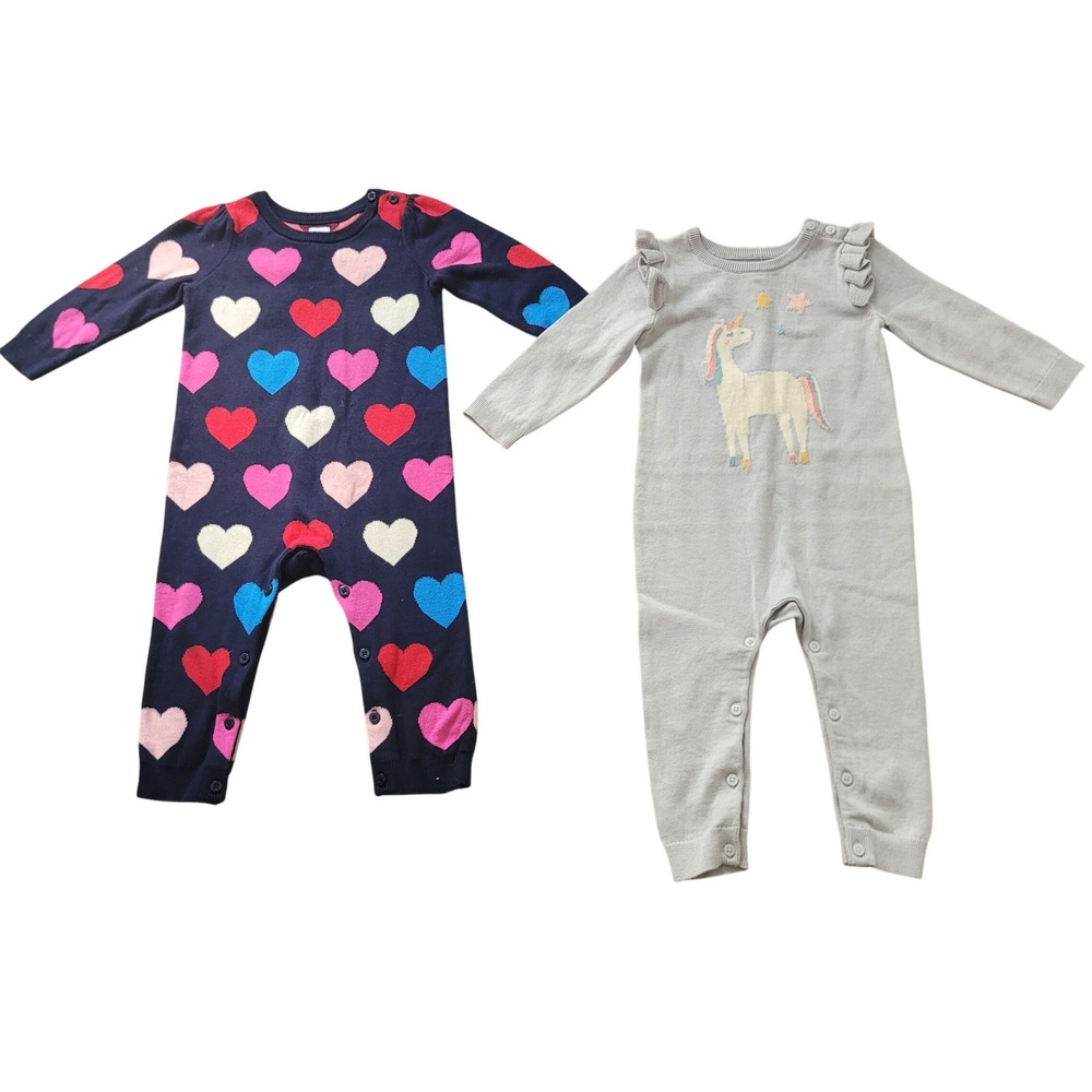 Baby Gap Romper Set 12-18 Months NWT Unicorn Ruffle & Navy Heart Knit 2pc Lot